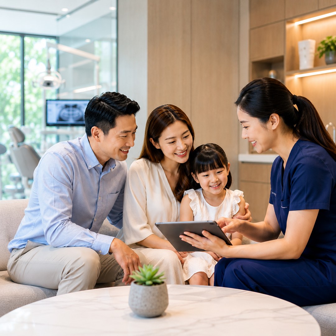 A dentist in navy scrubs showing a treatment plan on a tablet to a family — father, mother and young daughter — in a modern Advanced Dental clinic
